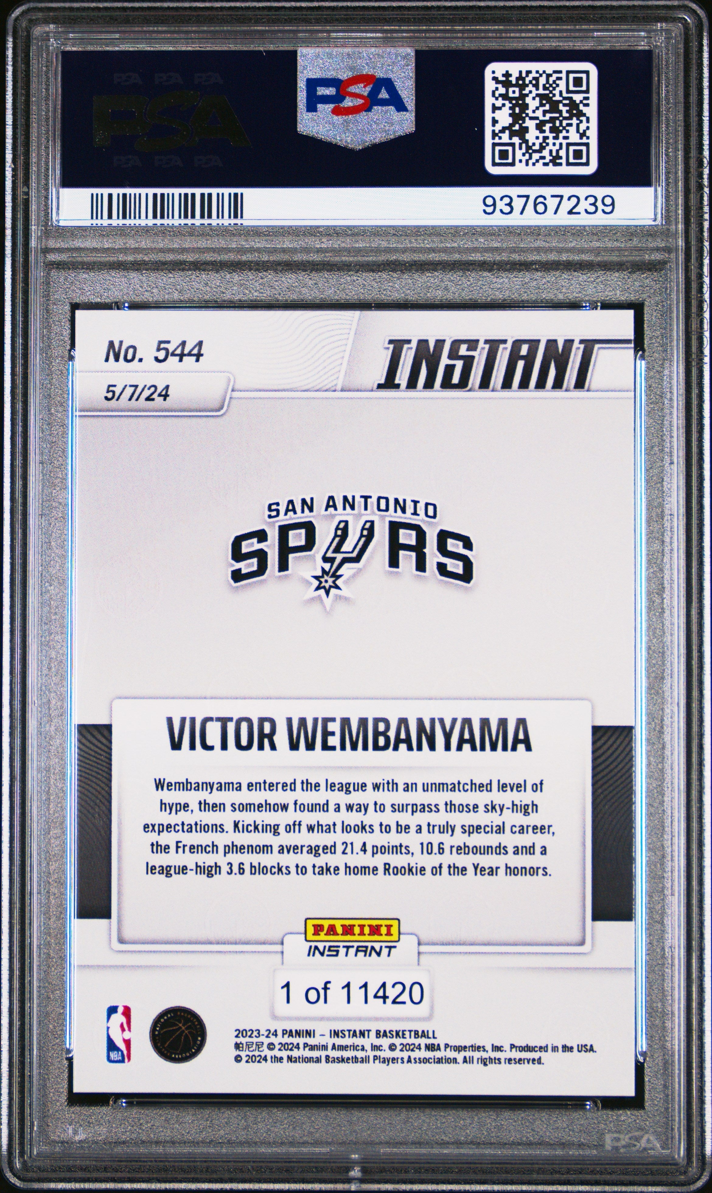 Graded 2023 Panini Instant Victor Wembanyama #544 Rookie RC Basketball Card PSA 9 Mint