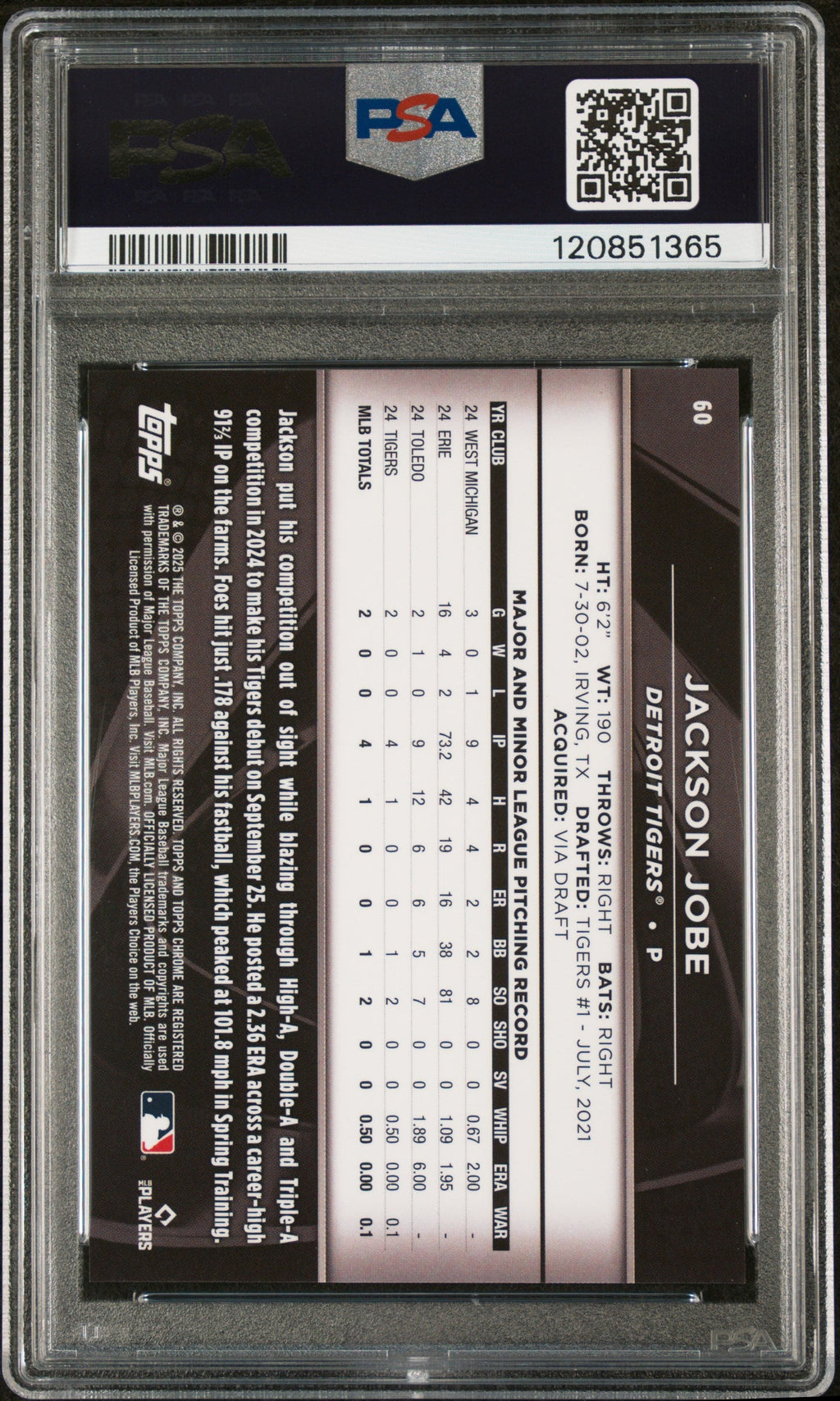 Graded 2025 Topps Chrome Black Jackson Jobe #60 Blue Lava /150 Rookie RC Baseball Card PSA 10 Gem Mint