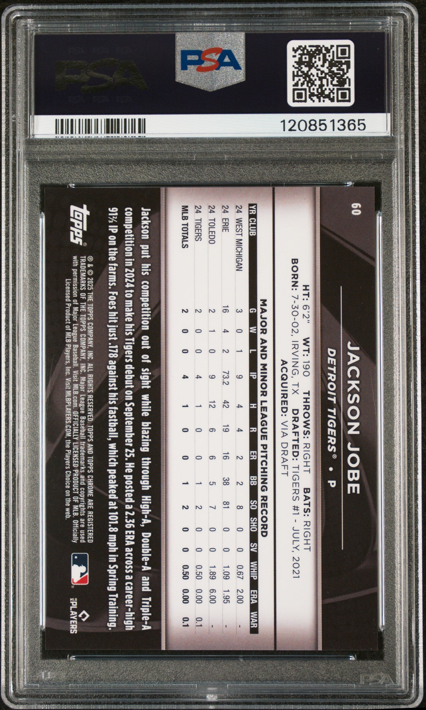 Graded 2025 Topps Chrome Black Jackson Jobe #60 Blue Lava /150 Rookie RC Baseball Card PSA 10 Gem Mint