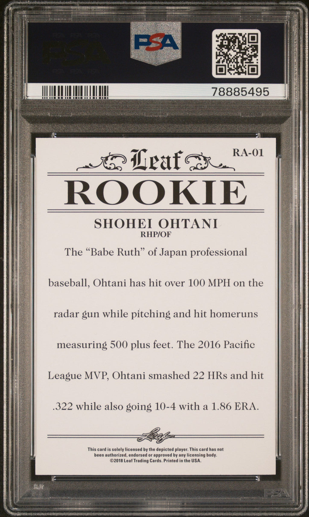 Graded 2018 Leaf Rookie Shohei Ohtani #RA01 Achievement Rookie RC Baseball Card PSA 10 Gem Mint