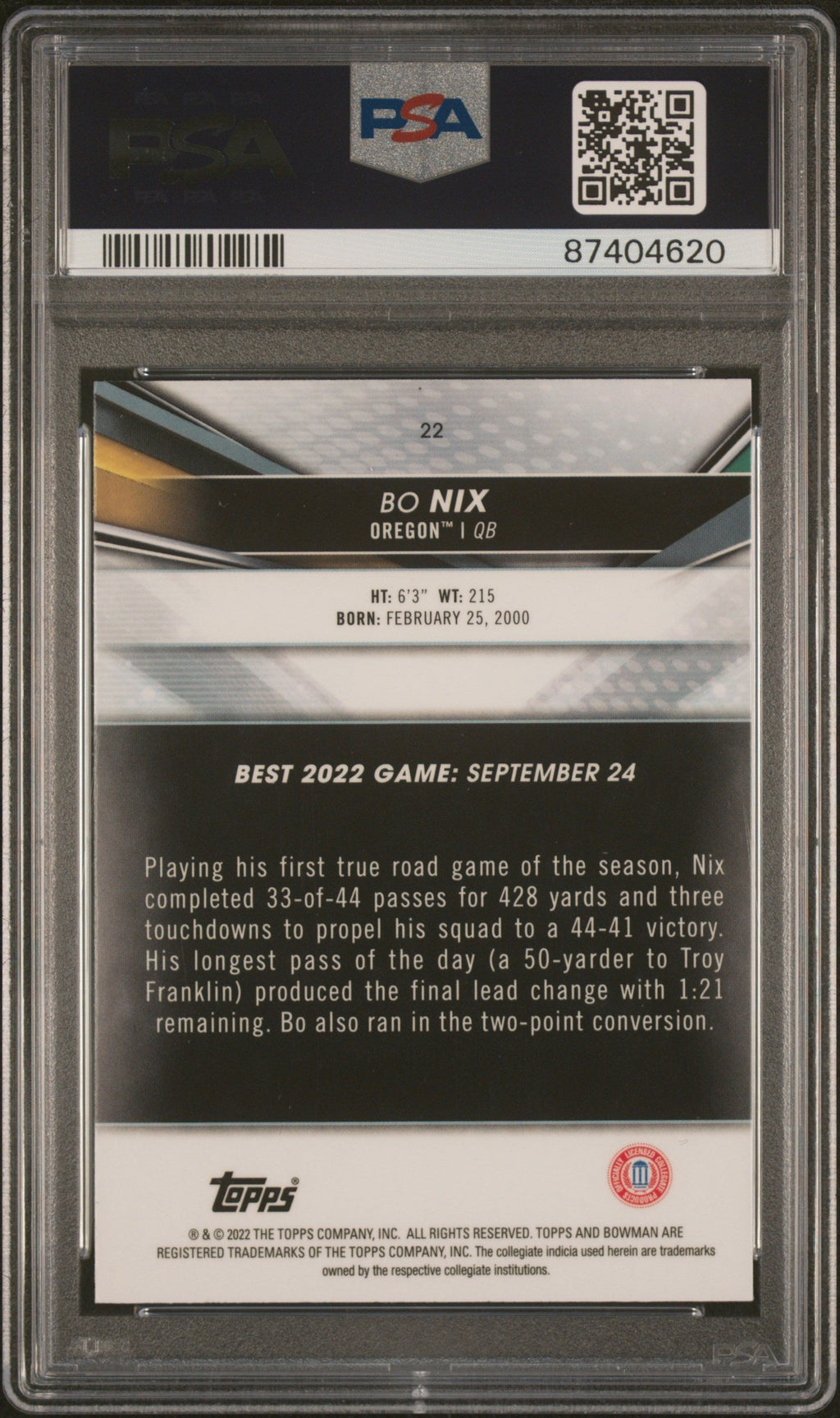 Graded 2022 Topps Bowmans Best University Bo Nix #22 Rookie RC Football Card PSA 10 Gem Mint