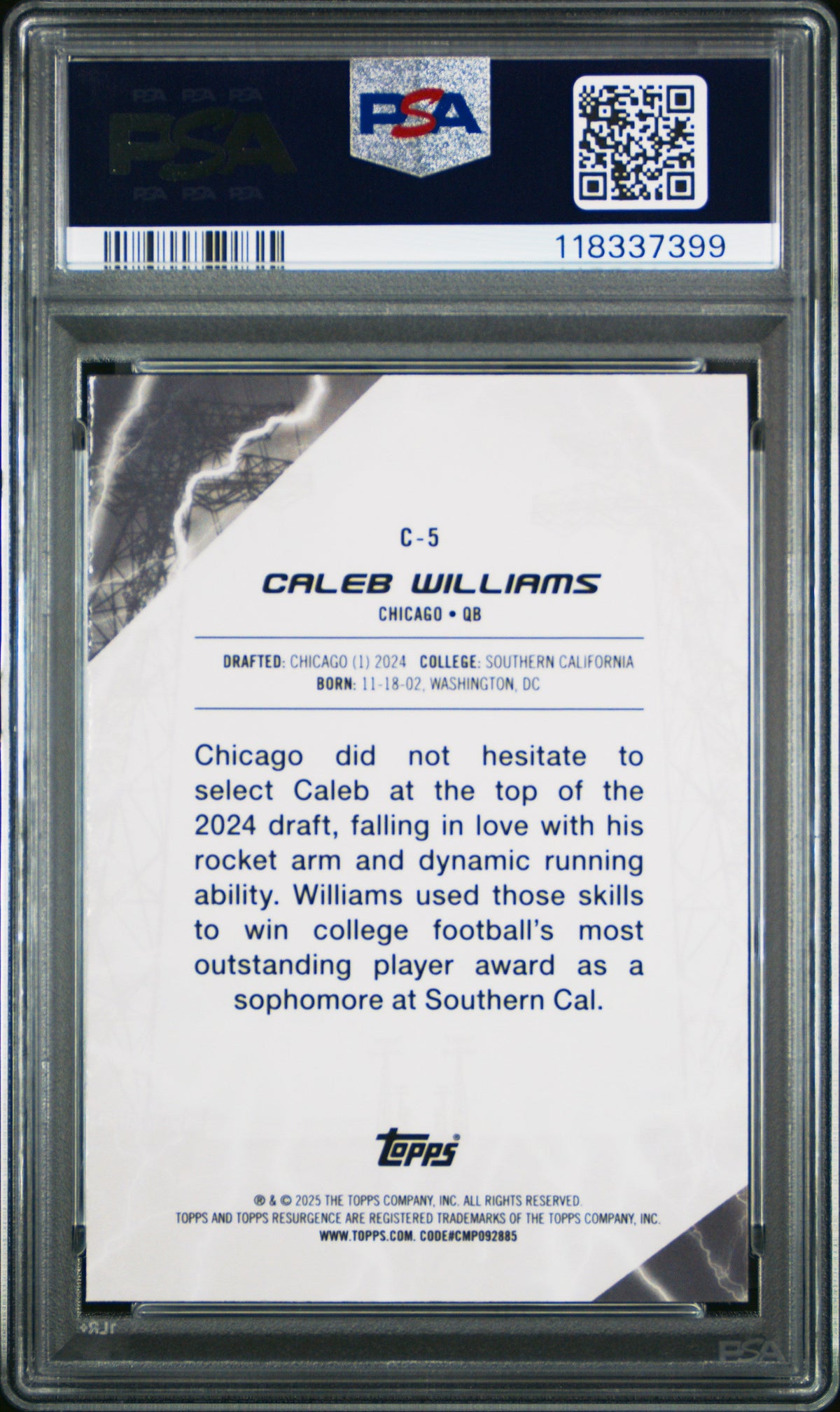 Graded 2024 Topps Resurgence Caleb Williams #C5 Conductors Rookie RC Football Card PSA 10 Gem Mint