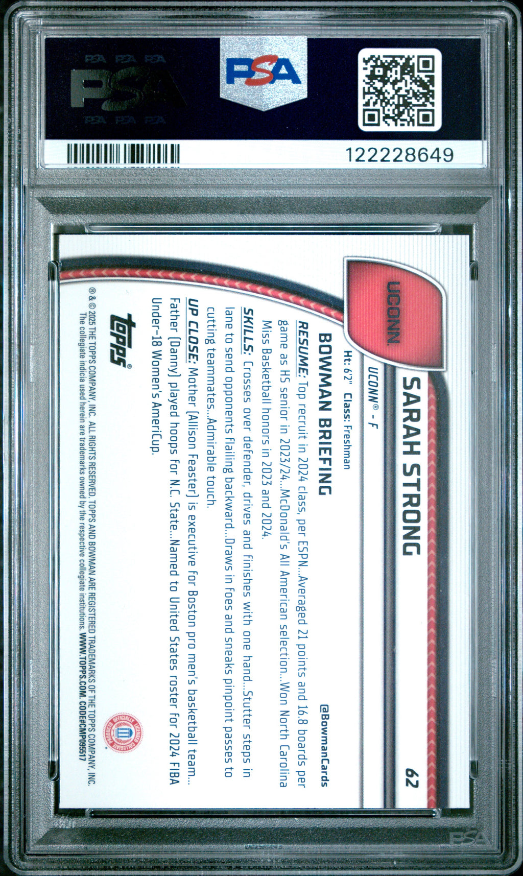 Graded 2024 Topps Bowman Chrome University Sarah Strong #62 Rookie RC Basketball Card PSA 9 Mint