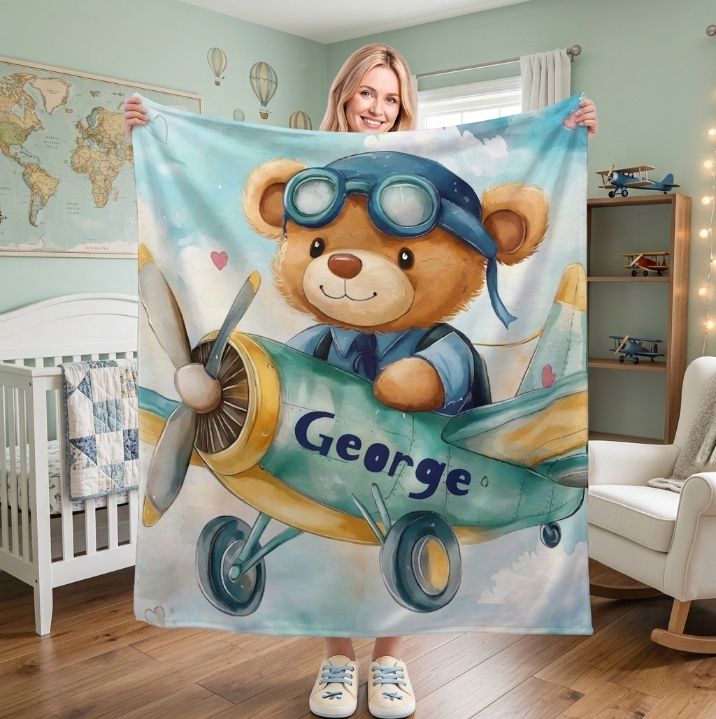 Personalised Teddy Bear Pilot Blanket | Custom Name Gift