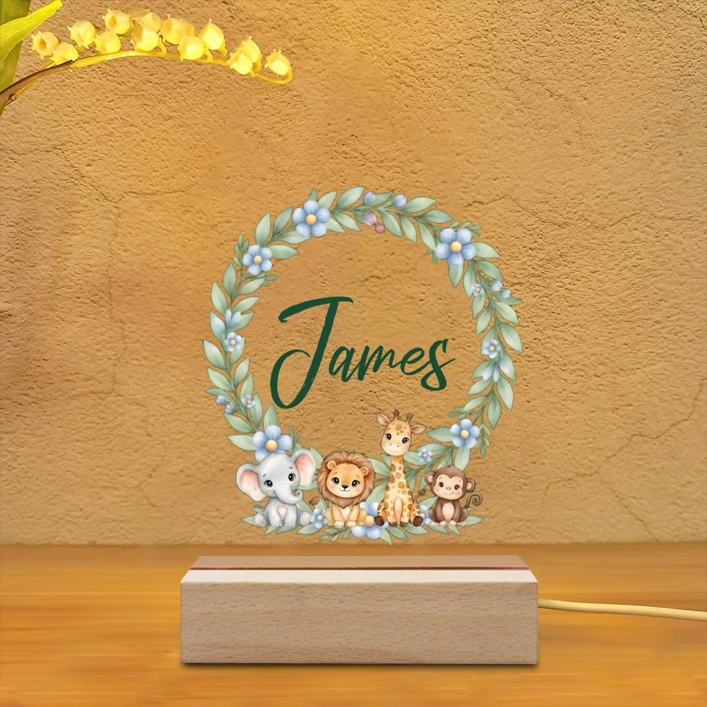 Personalized Baby Safari Night Light - Wooden Base
