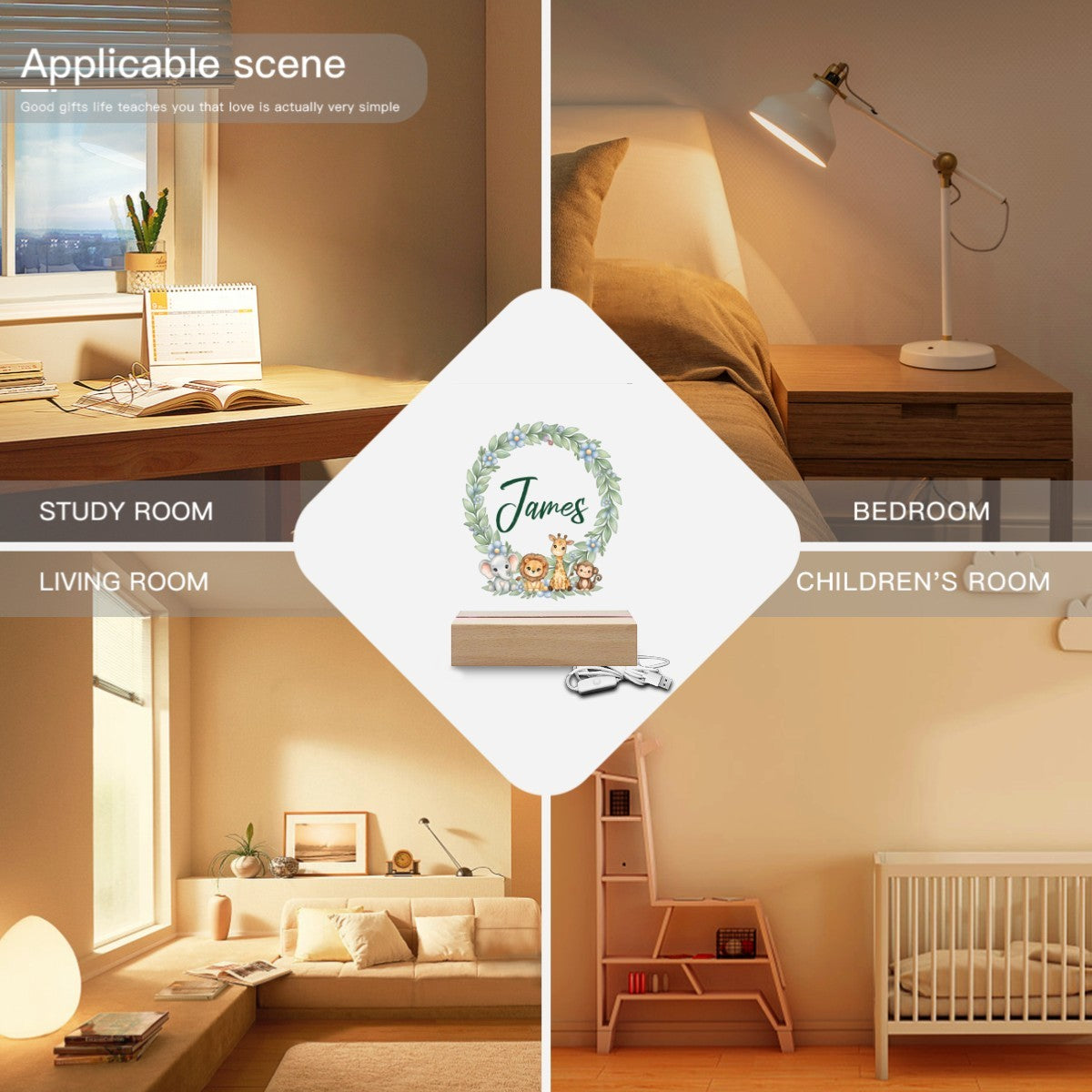 Personalized Baby Safari Night Light - Wooden Base