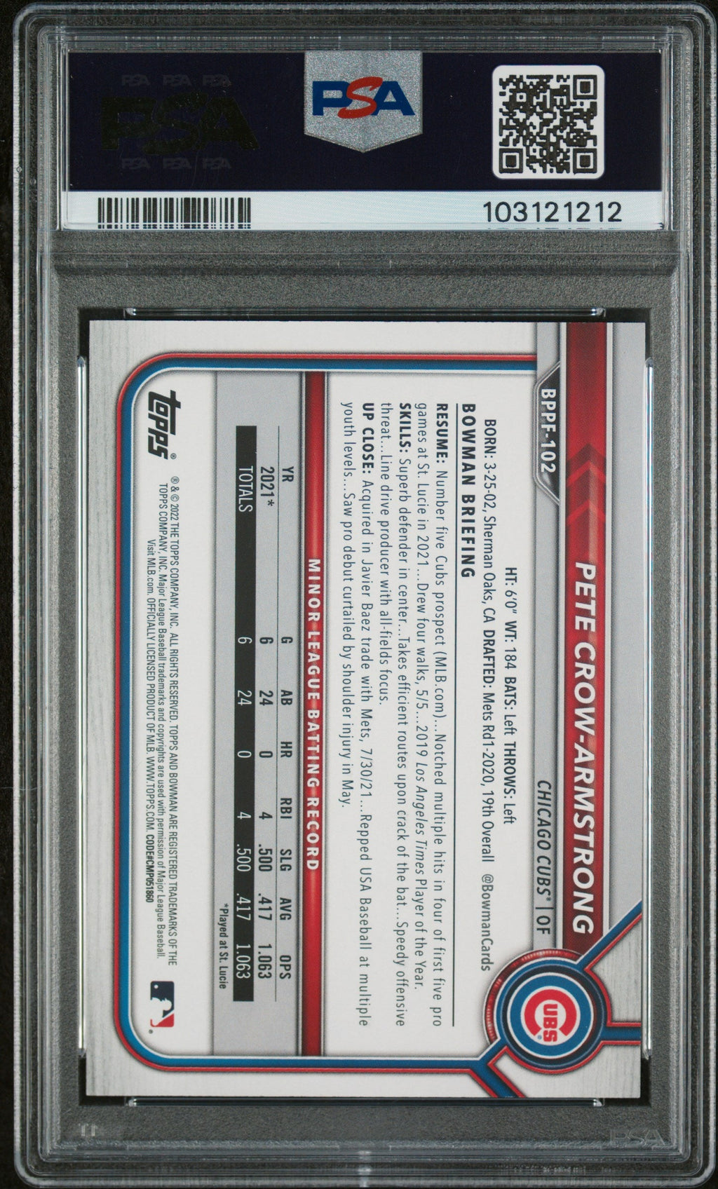 Graded 2022 Topps Bowman 1st Edition Pete Crow Armstrong #BPPF102 Sky Blue Foil Rookie RC Baseball Card PSA 10 Gem Mint