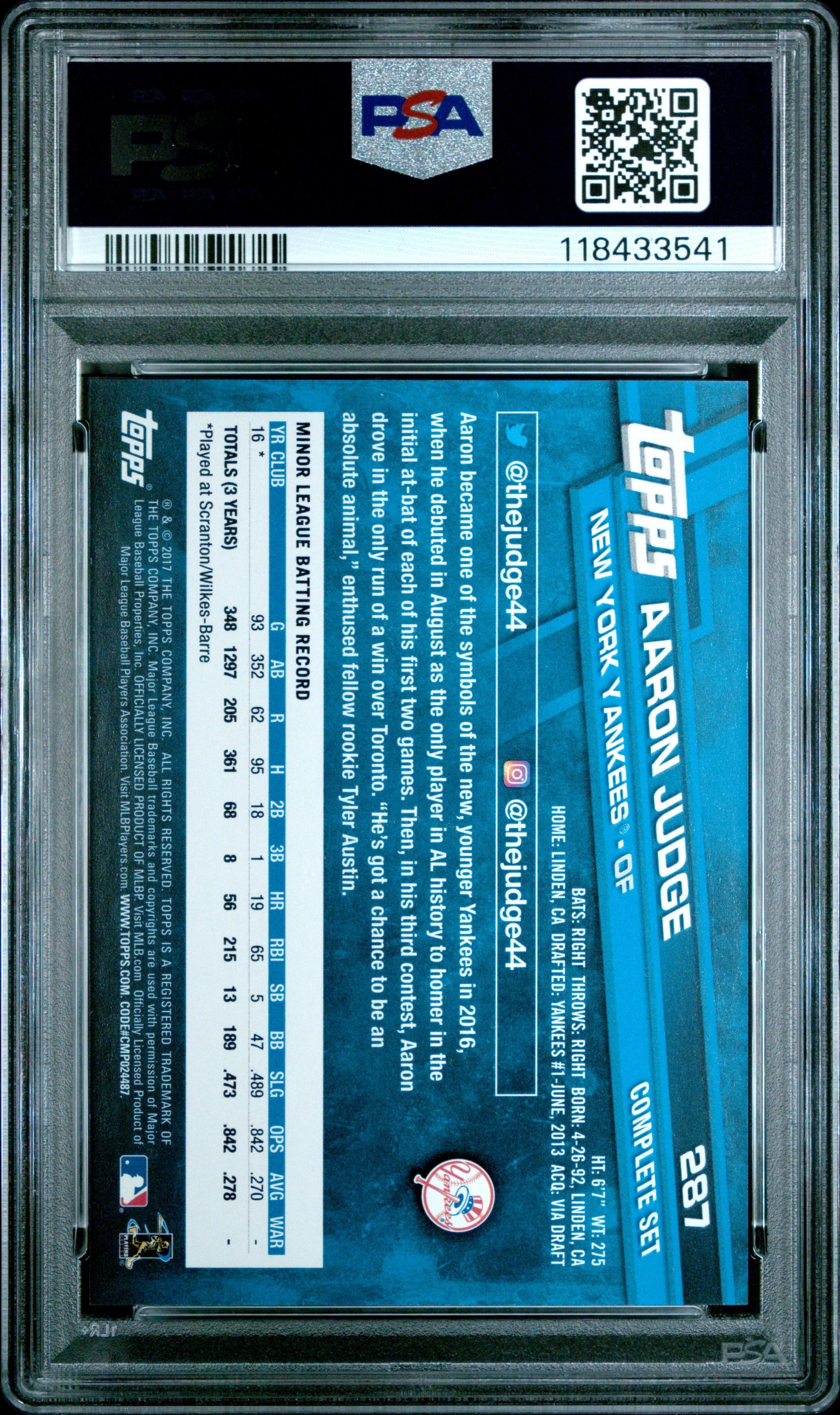 Graded 2017 Topps Complete Set Aaron Judge #287 Exclusives Running Rookie RC Baseball Card PSA 10 Gem Mint
