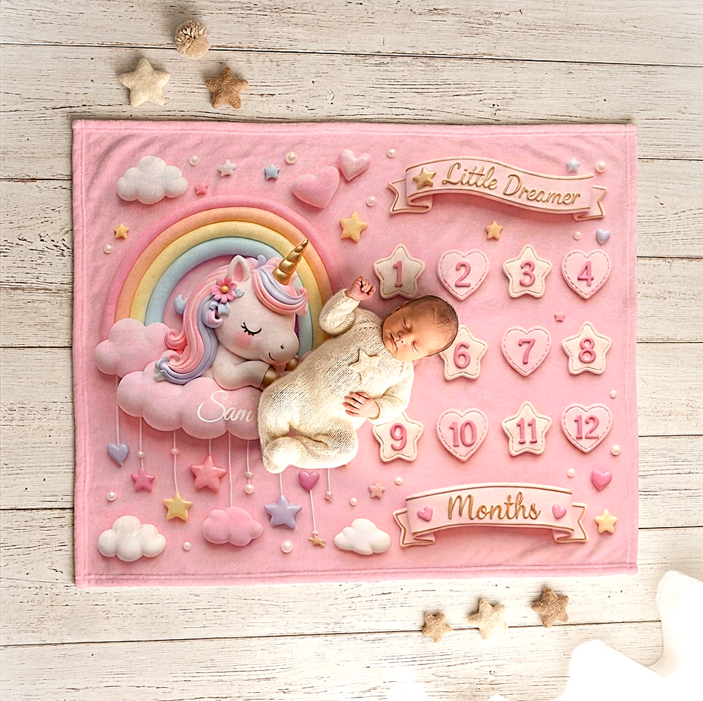 Pink Unicorn Baby Milestone Blanket | Monthly Photo Prop for Newborns & Babies
