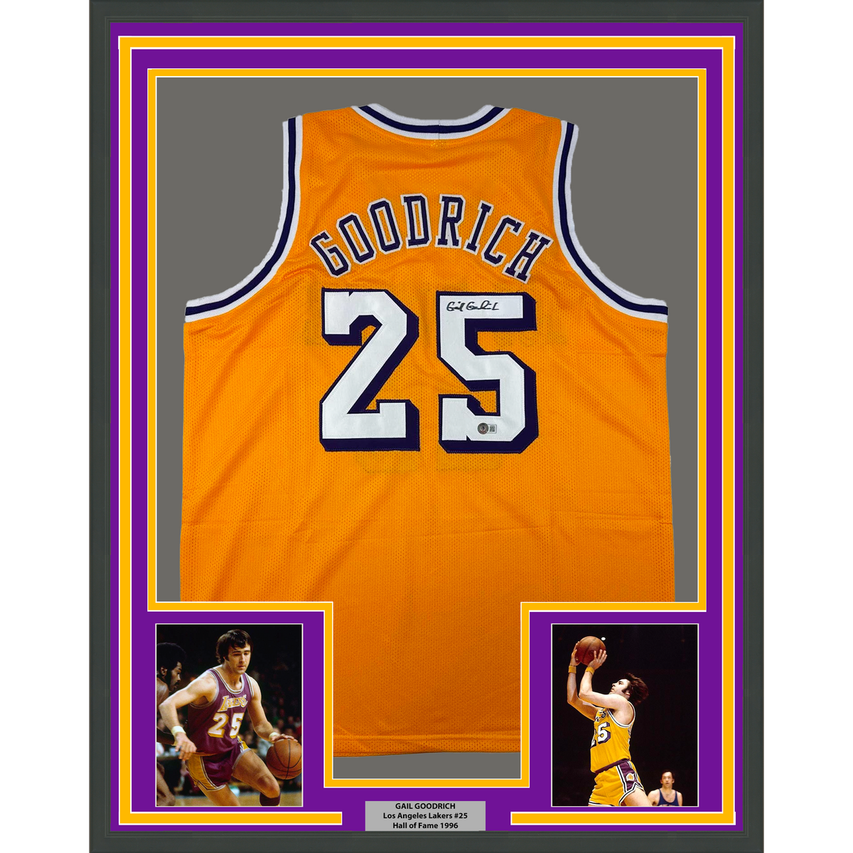 Framed Autographed/Signed Gail Goodrich 35x39 Los Angeles LA Yellow Basketball Jersey Beckett BAS COA