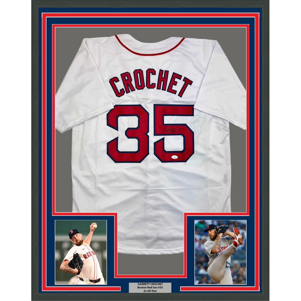 Framed Autographed/Signed Garrett Crochet 35x39 Boston White Baseball Jersey JSA COA