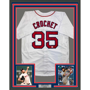 Framed Autographed/Signed Garrett Crochet 35x39 Boston White Baseball Jersey JSA COA