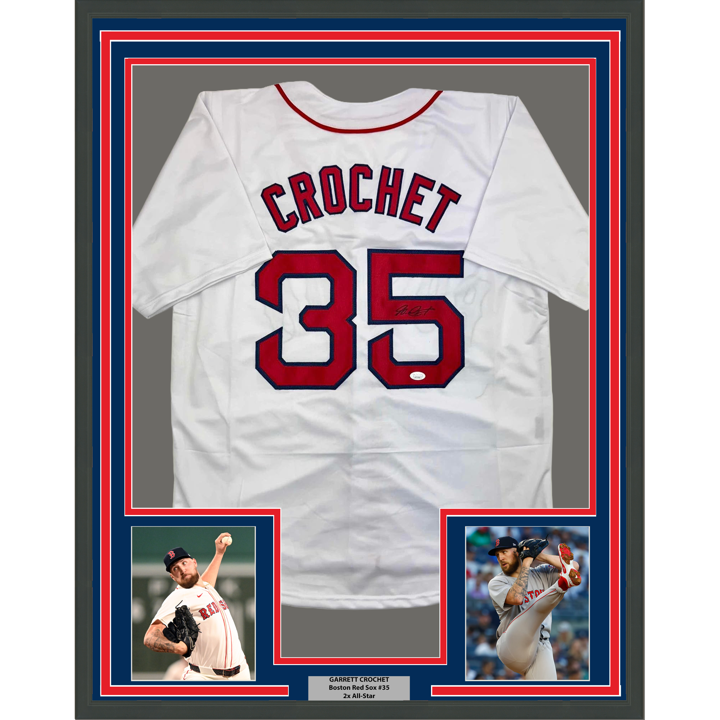 Framed Autographed/Signed Garrett Crochet 35x39 Boston White Baseball Jersey JSA COA