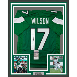 Framed Autographed/Signed Garrett Wilson 35x39 New York Green Football Jersey JSA COA