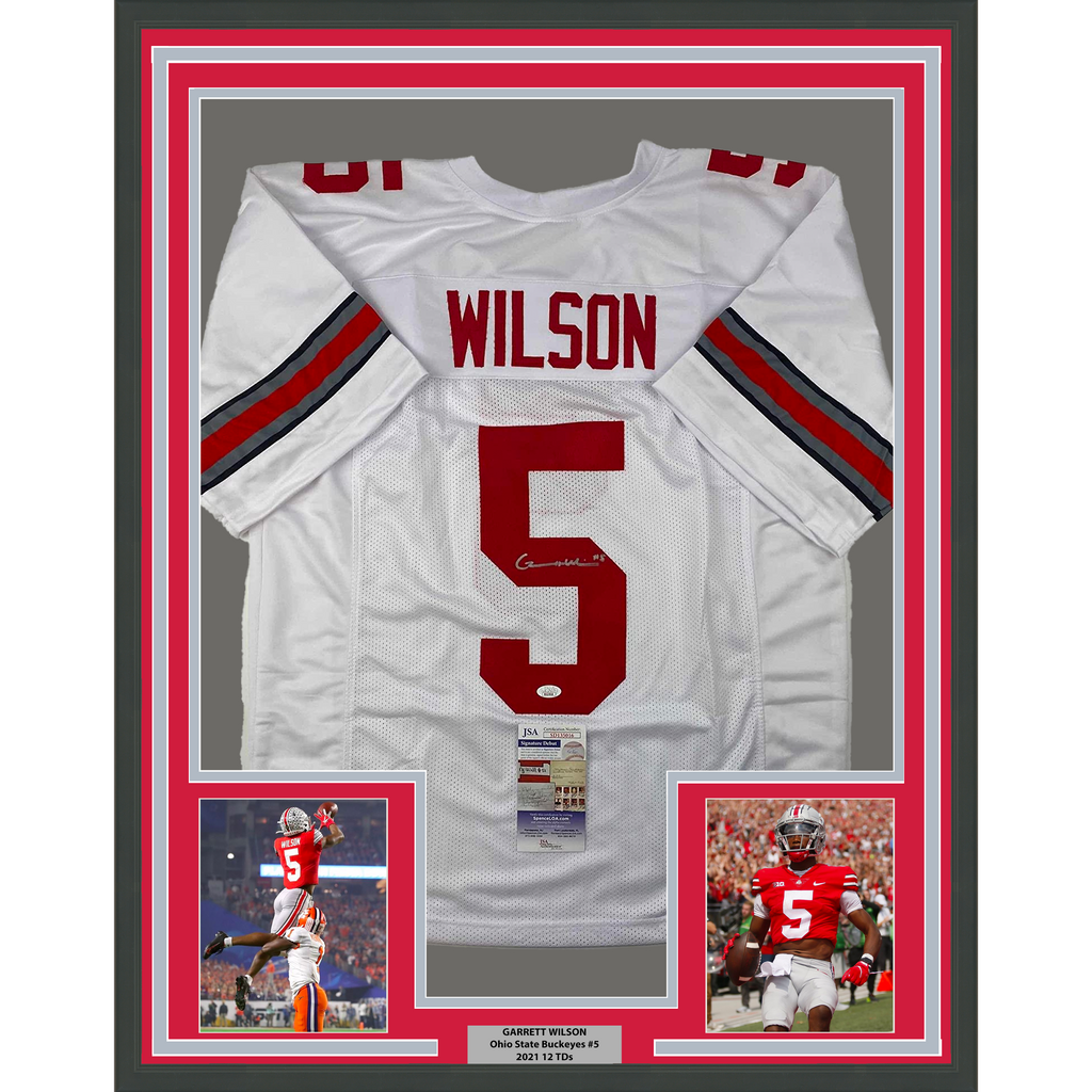 Framed Autographed/Signed Garrett Wilson 35x39 Ohio State White College Football Jersey JSA COA