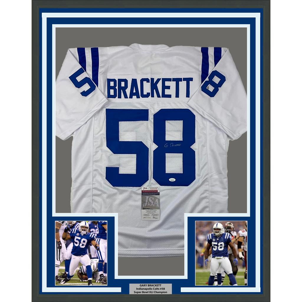 Framed Autographed/Signed Gary Brackett 35x39 Indianapolis White Football Jersey JSA COA