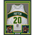 Framed Autographed/Signed Gary Payton 35x39 Seattle White Basketball Jersey JSA COA