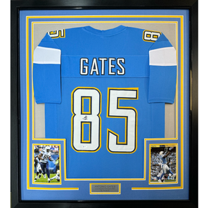 Framed Autographed/Signed Antonio Gates 35x39 Los Angeles LA Powder Blue Football Jersey Beckett BAS COA