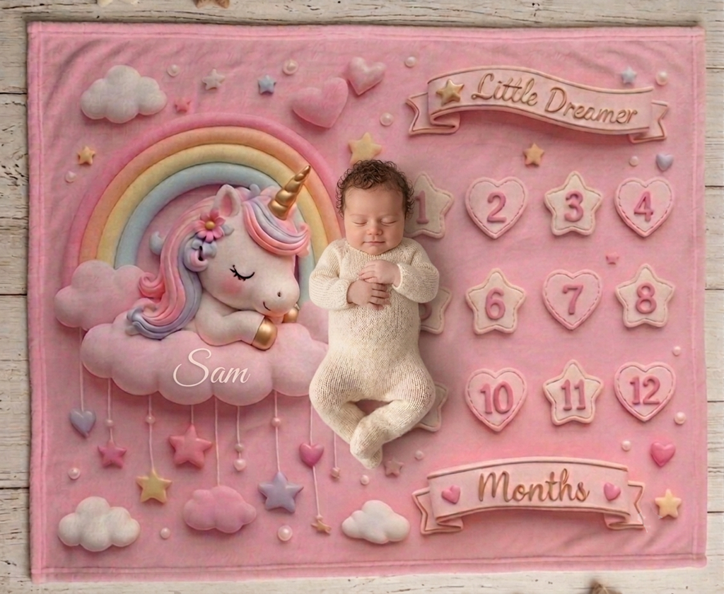 Pink Unicorn Baby Milestone Blanket | Monthly Photo Prop for Newborns & Babies