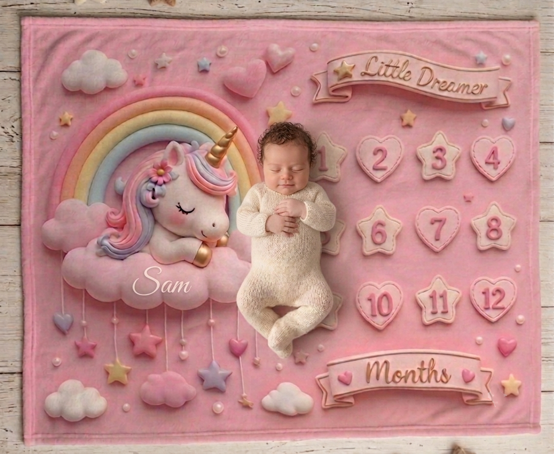 Pink Unicorn Baby Milestone Blanket | Monthly Photo Prop for Newborns & Babies