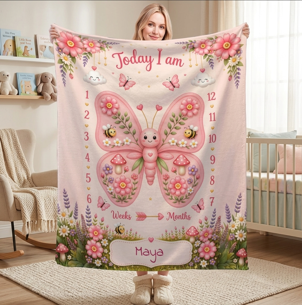 Personalized Baby Weekly & Monthly Milestone Blanket – Photoshoot Prop with Butterfly Garden Design