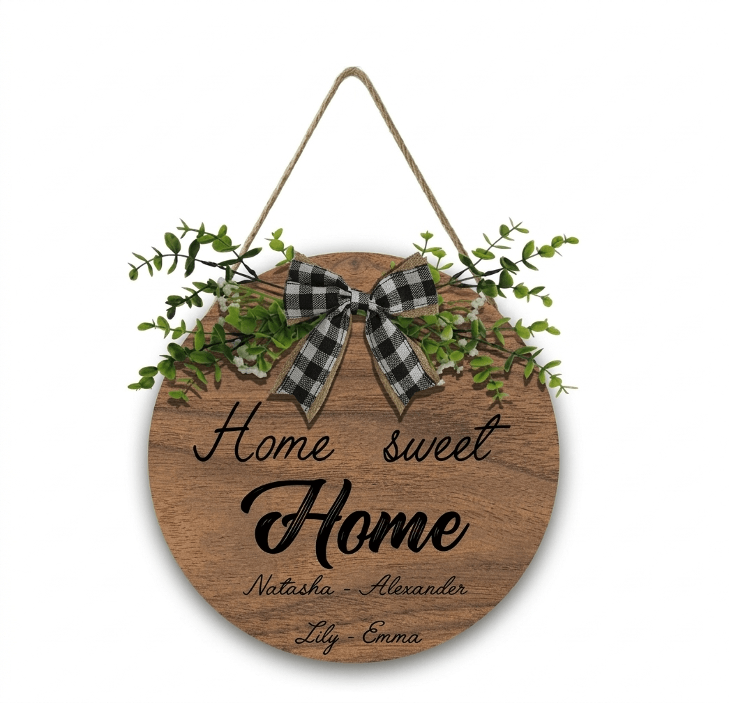 Home Sweet Home Round Wooden Sign — Personalized with Your Names - With Linen Lanyard, Bow & Branch