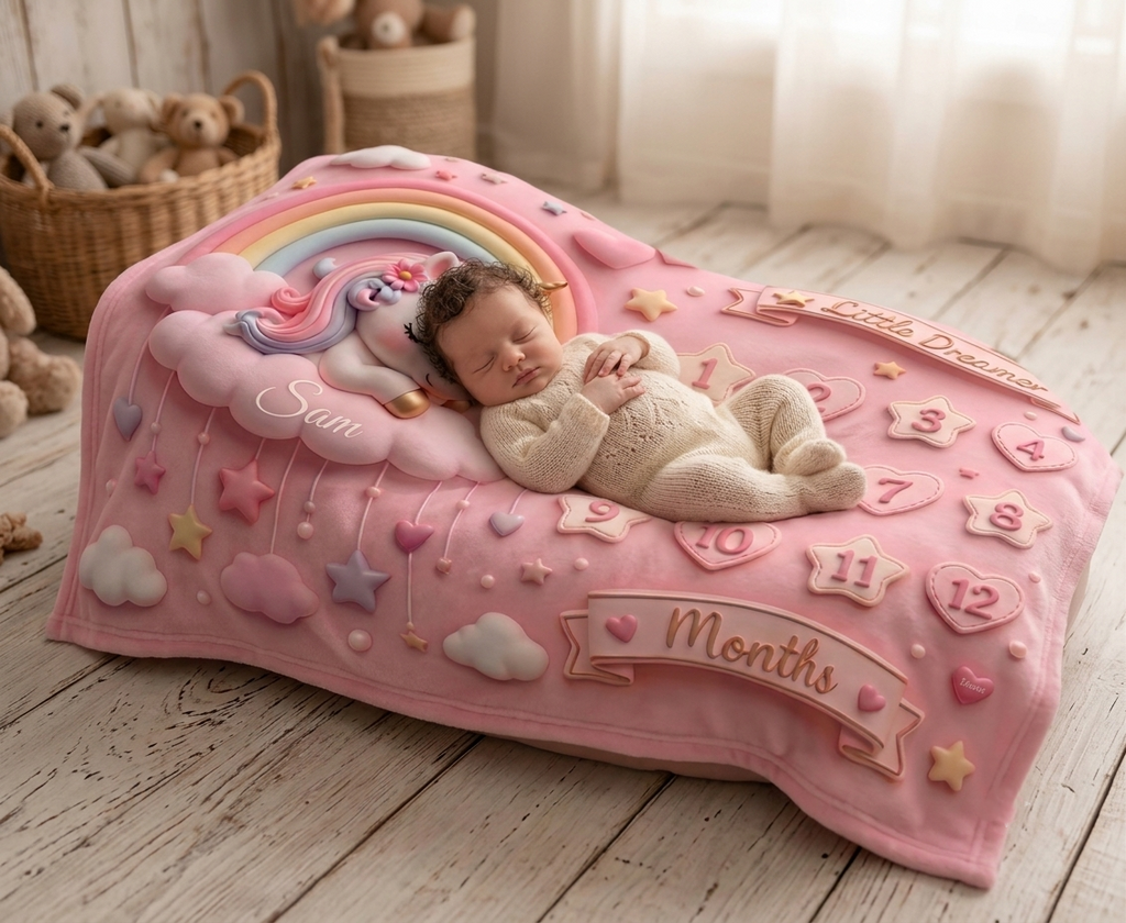 Pink Unicorn Baby Milestone Blanket | Monthly Photo Prop for Newborns & Babies