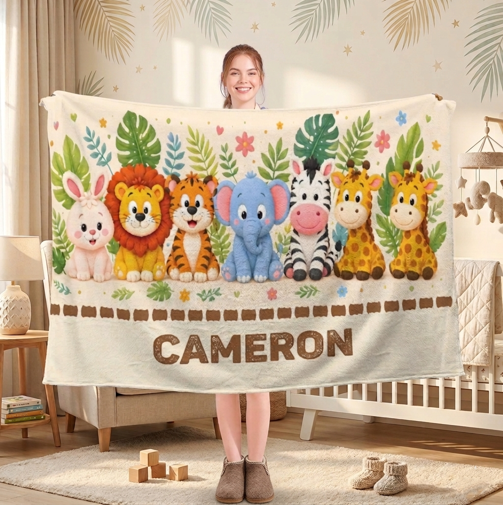 Personalized Safari Name Blanket | Custom Kids & Baby Gift | Nursery Decor