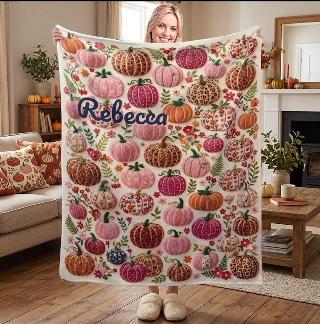 Personalized Halloween Pumpkin Blanket – Custom Name Cozy Fleece Throw for Kids & Adults