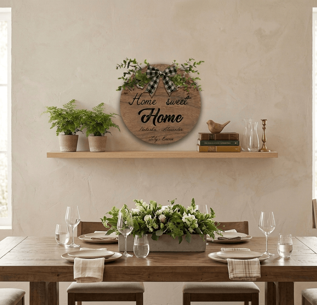 Home Sweet Home Round Wooden Sign — Personalized with Your Names - With Linen Lanyard, Bow & Branch
