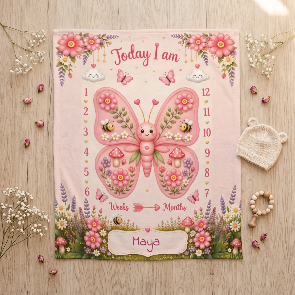 Personalized Baby Weekly & Monthly Milestone Blanket – Photoshoot Prop with Butterfly Garden Design