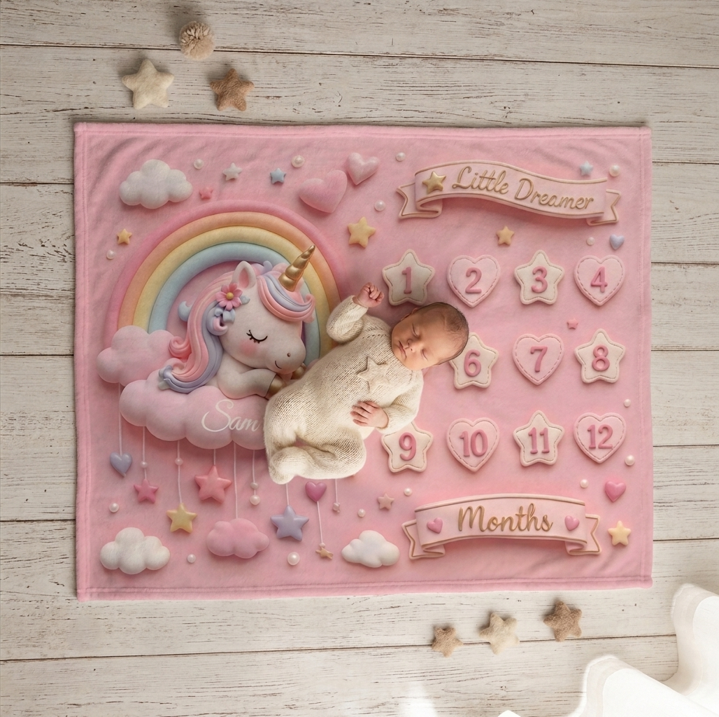 Pink Unicorn Baby Milestone Blanket | Monthly Photo Prop for Newborns & Babies