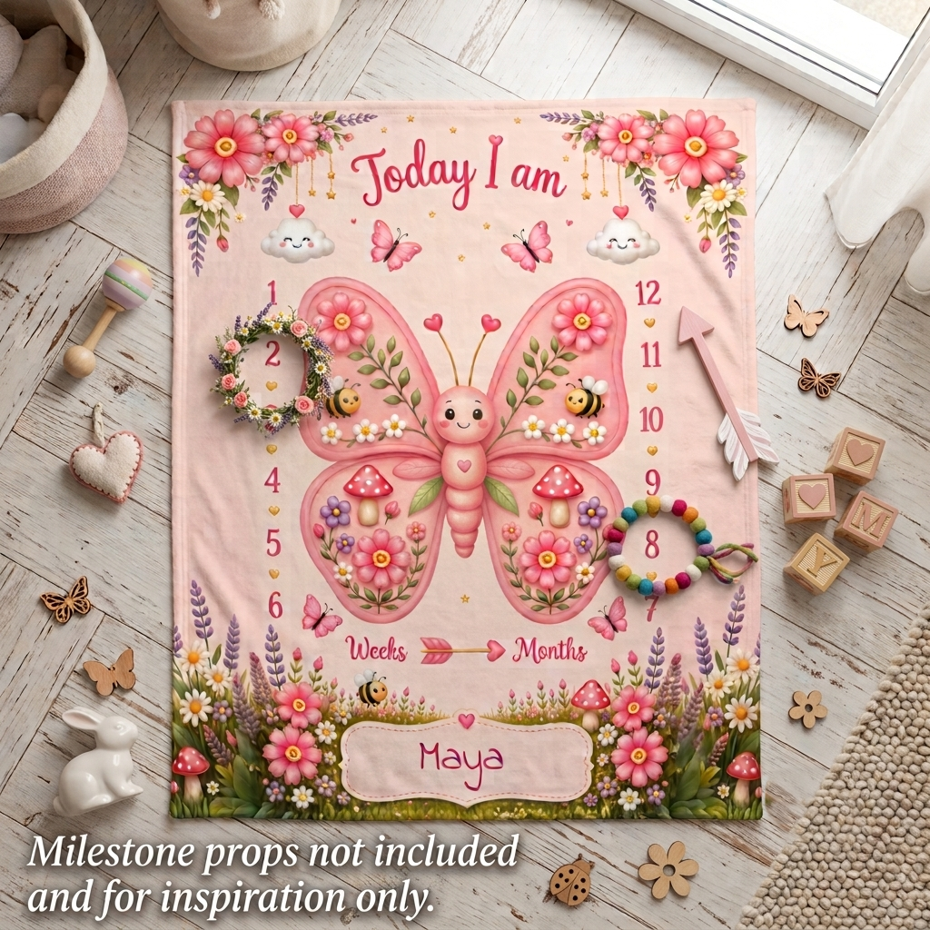 Personalized Baby Weekly & Monthly Milestone Blanket – Photoshoot Prop with Butterfly Garden Design