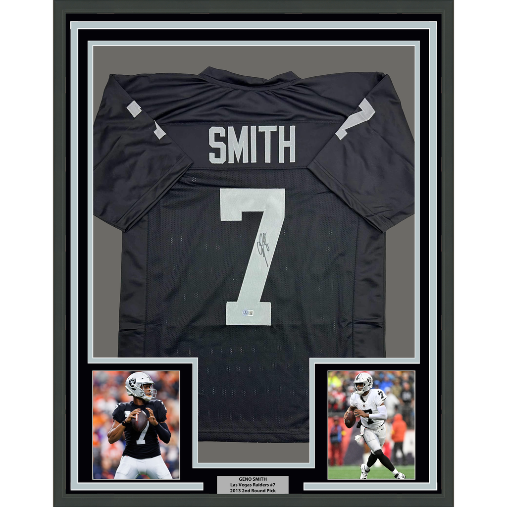 Framed Autographed/Signed Geno Smith 35x39 Oakland Black Football Jersey Beckett BAS COA