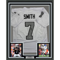 Framed Autographed/Signed Geno Smith 35x39 Oakland White Color Rush Football Jersey Beckett BAS COA