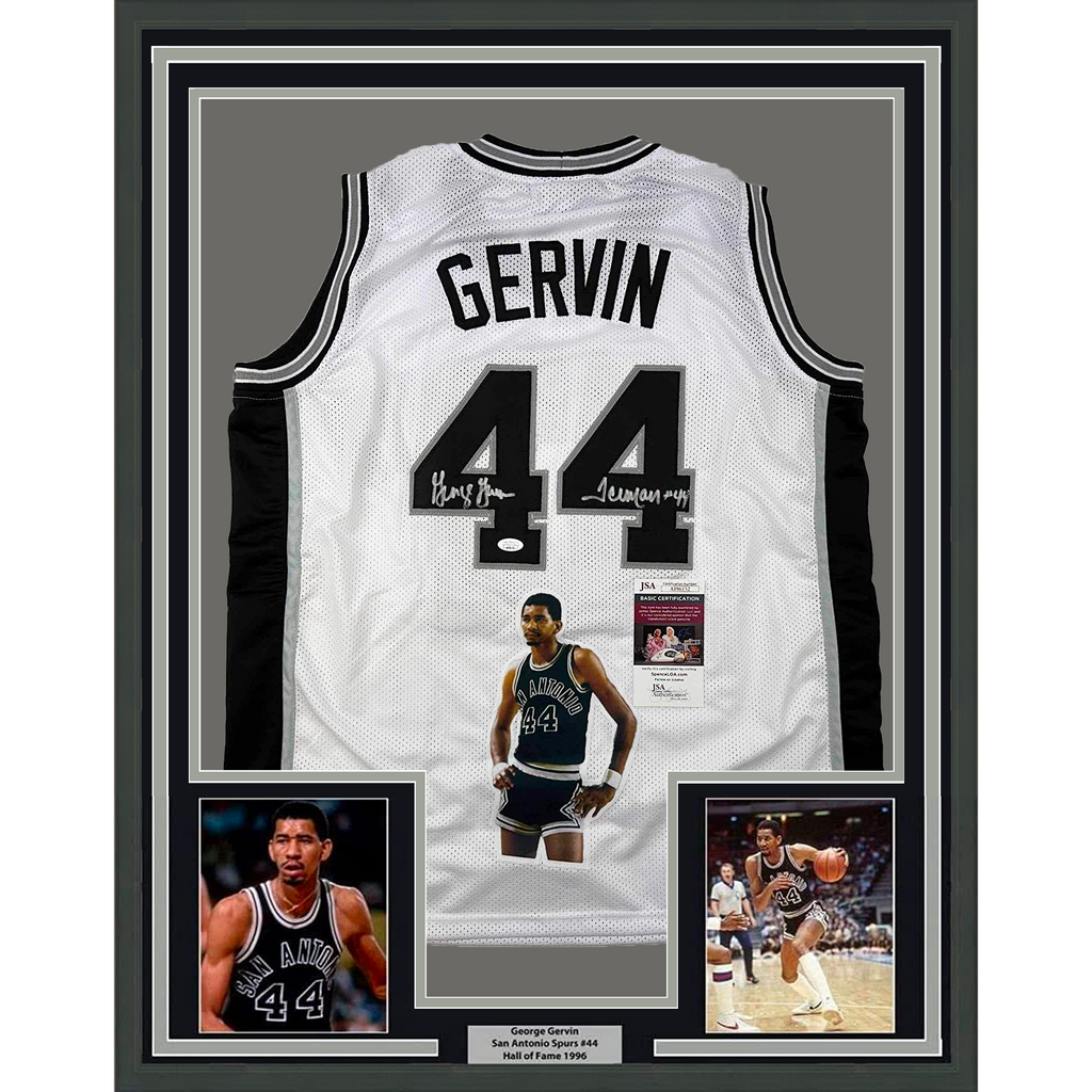 Framed Autographed/Signed George Gervin 35x39 Iceman Artwork San Antonio White Basketball Jersey JSA COA