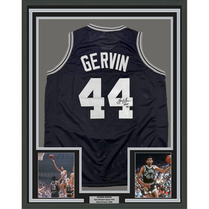 Framed Autographed/Signed George Gervin 35x39 San Antonio Black Basketball Jersey Beckett BAS COA