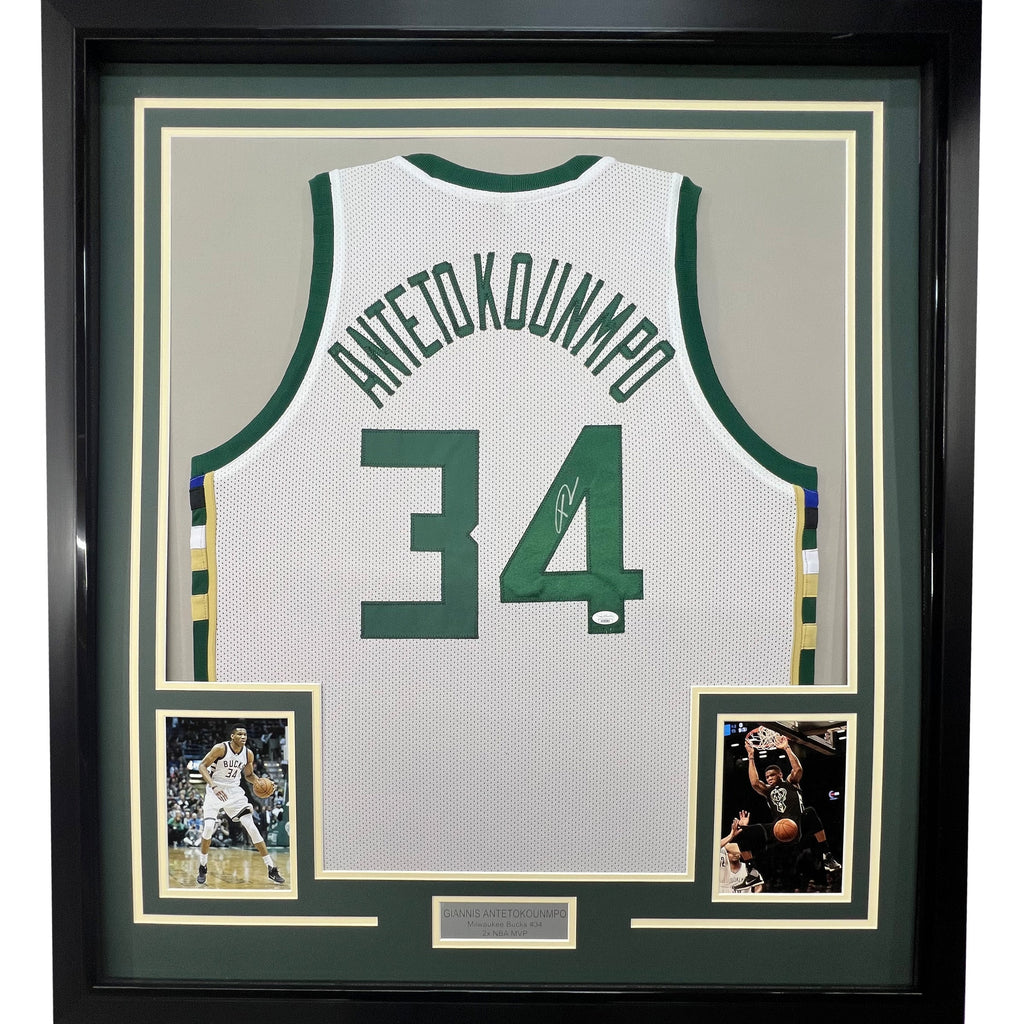 Framed Autographed/Signed Giannis Antetokounmpo 35x39 Milwaukee White Basketball Jersey JSA COA