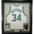 Framed Autographed/Signed Giannis Antetokounmpo 35x39 Milwaukee White Basketball Jersey JSA COA