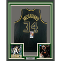 Framed Autographed/Signed Giannis Antetokounmpo 35x39 Milwaukee Blackout Basketball Jersey JSA COA