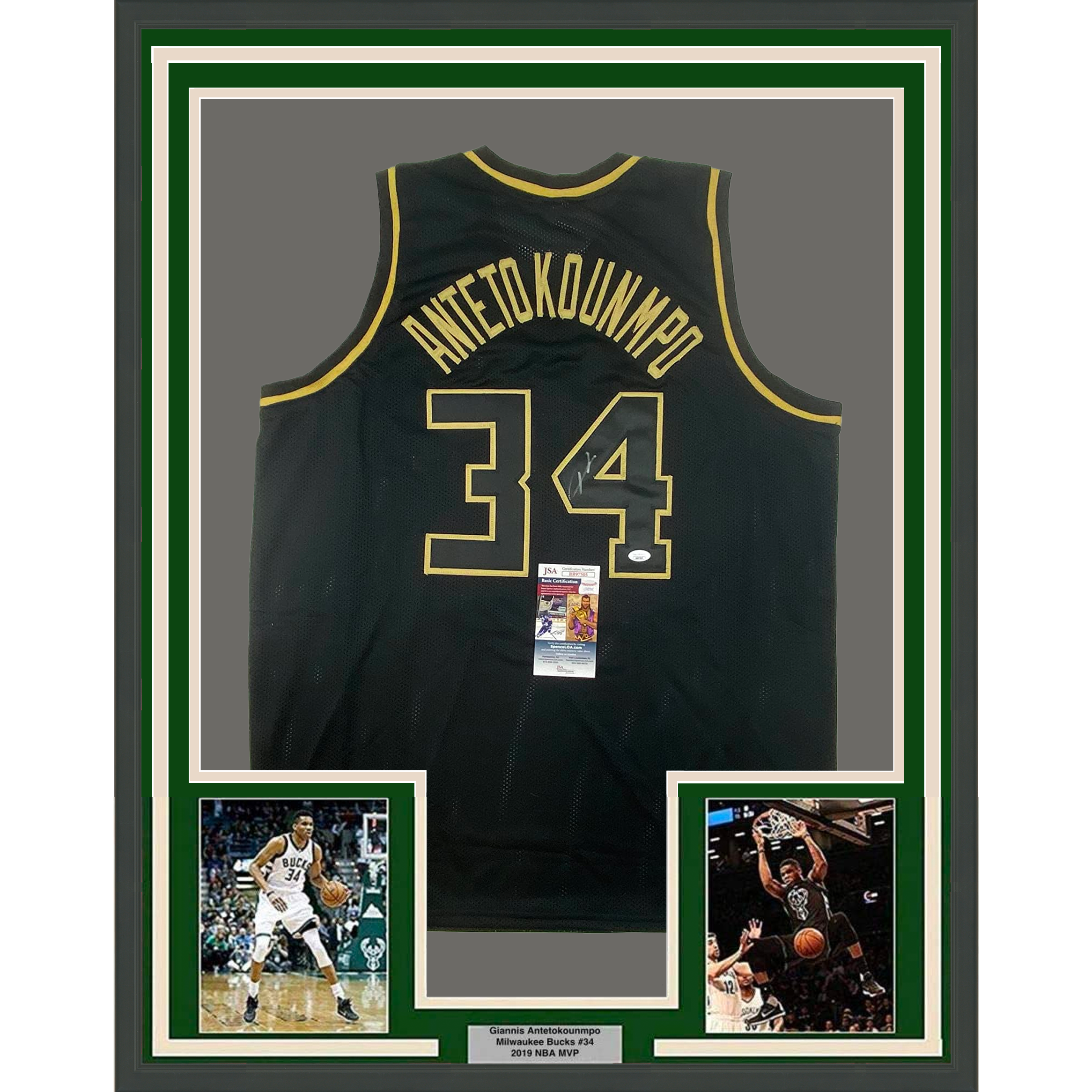 Framed Autographed/Signed Giannis Antetokounmpo 35x39 Milwaukee Blackout Basketball Jersey JSA COA