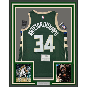 Framed Autographed/Signed Giannis Antetokounmpo 35x39 Milwaukee Green Custom Basketball Jersey Fanatics COA