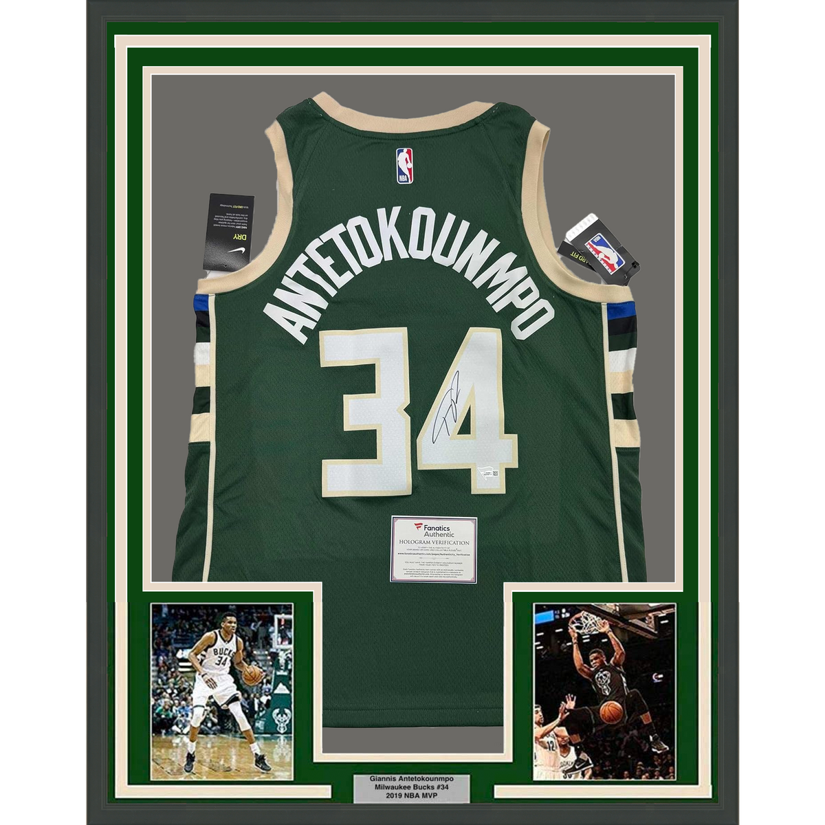 Framed Autographed/Signed Giannis Antetokounmpo 35x39 Milwaukee Green Custom Basketball Jersey Fanatics COA