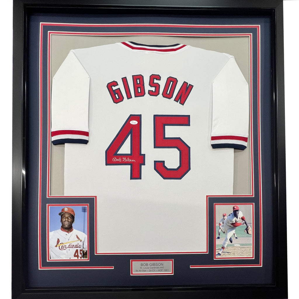 Framed Autographed/Signed Bob Gibson 35x39 St. Louis White Baseball Jersey JSA COA