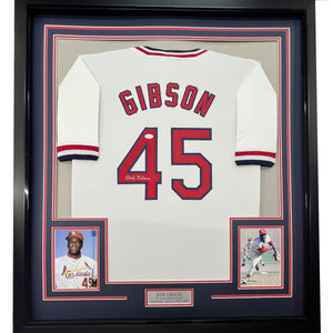 Framed Autographed/Signed Bob Gibson 35x39 St. Louis White Baseball Jersey JSA COA