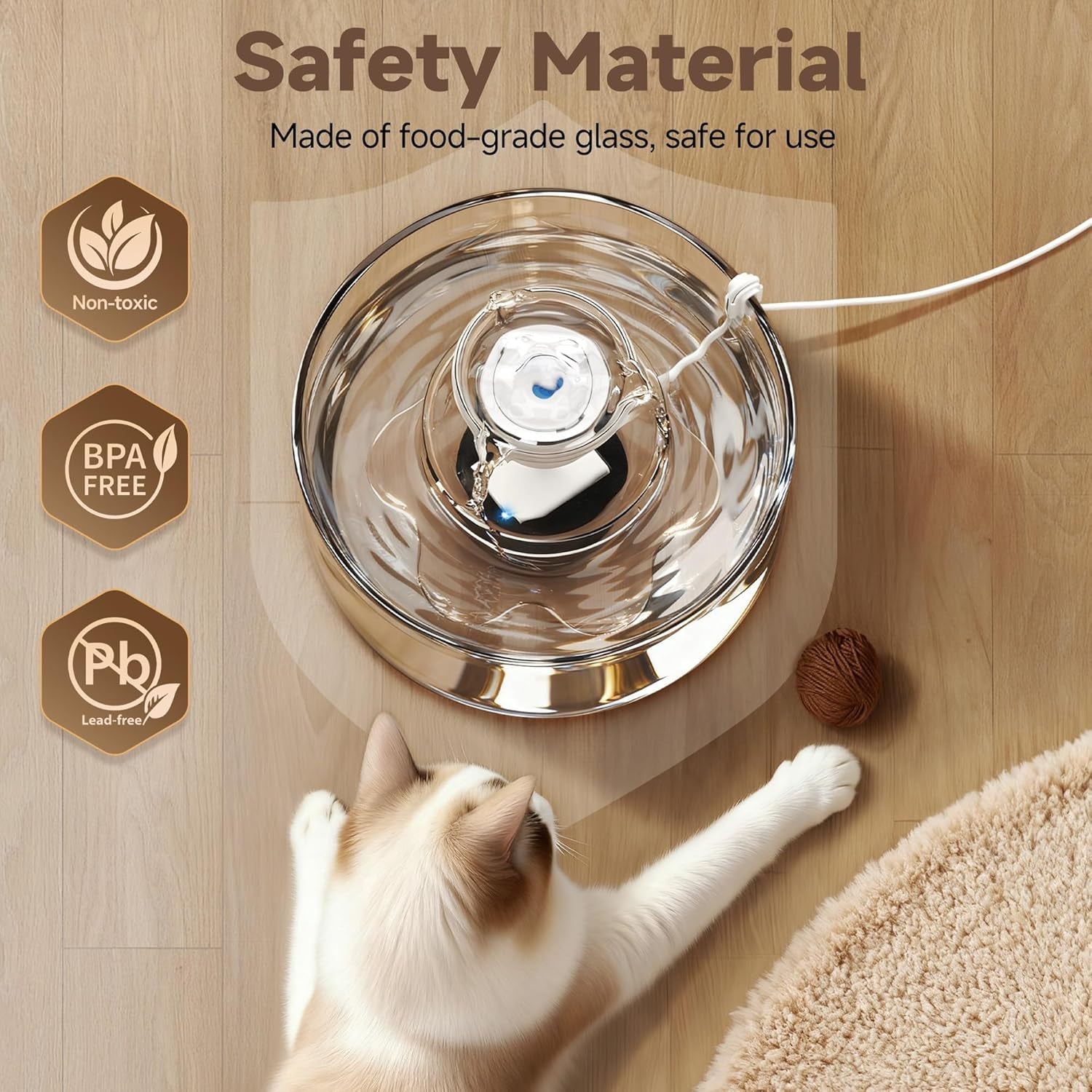 Glass Cat Water Fountain – 2.7L, Ultra Quiet, BPA-Free, Auto Pump