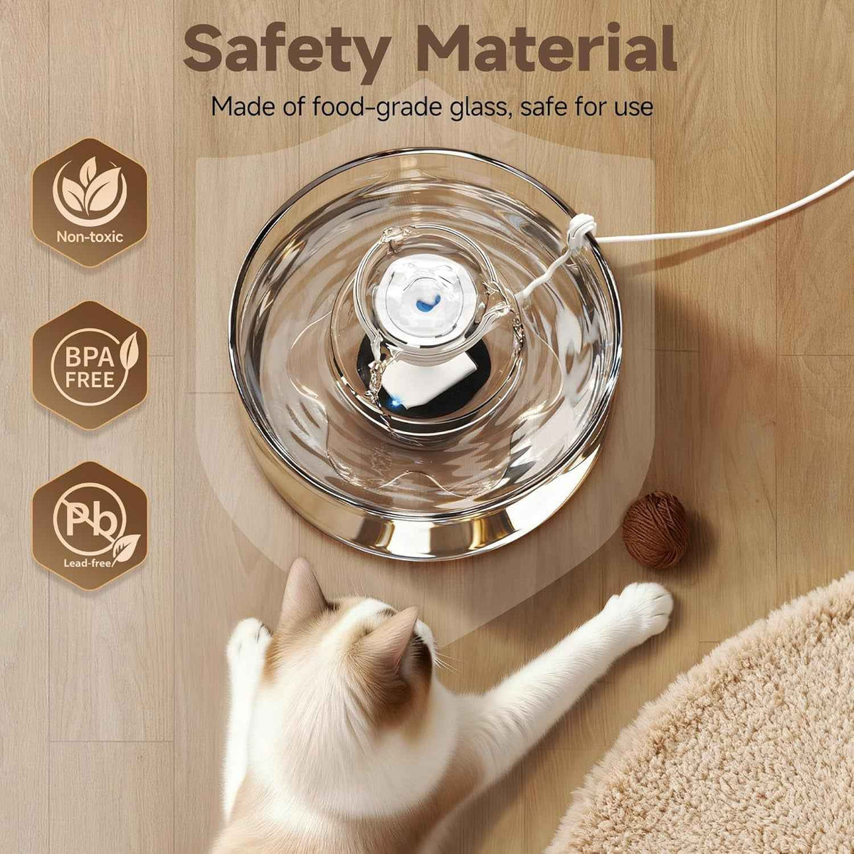 Glass Cat Water Fountain 2.7L Ultra Quiet BPA-Free