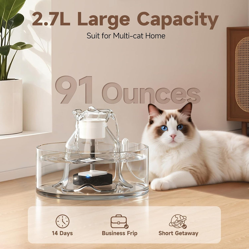 Glass Cat Water Fountain – 2.7L, Ultra Quiet, BPA-Free, Auto Pump
