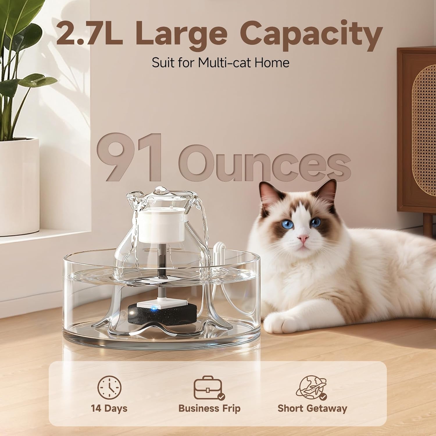 Glass Cat Water Fountain – 2.7L, Ultra Quiet, BPA-Free, Auto Pump