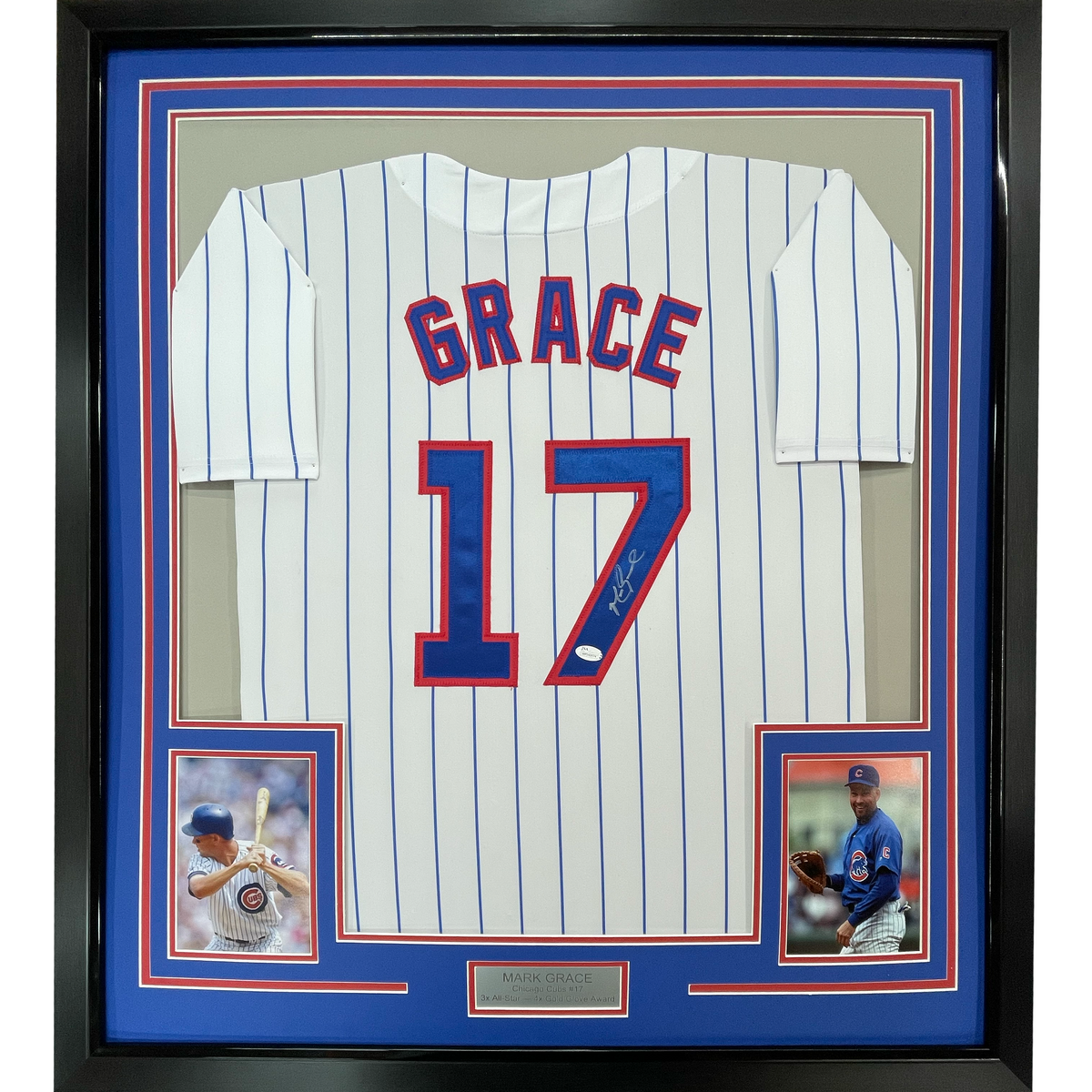 Framed Autographed/Signed Mark Grace 35x39 Chicago Pinstripe Baseball Jersey JSA COA